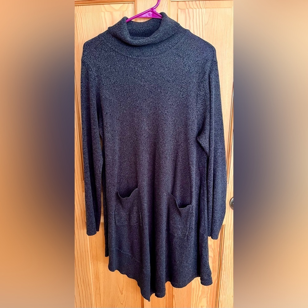 NY Collection Dark Gray Marled Tunic Sweater Dress XL Pocket Asymmetrical Hem
